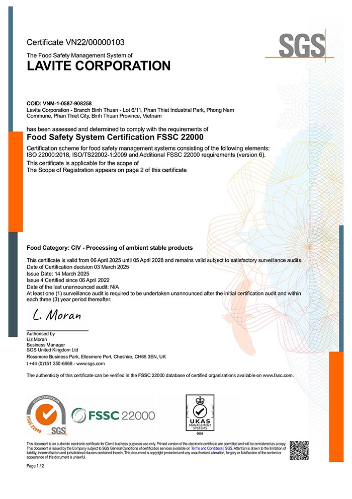 Chứng nhận FSSC 22000 Lavite