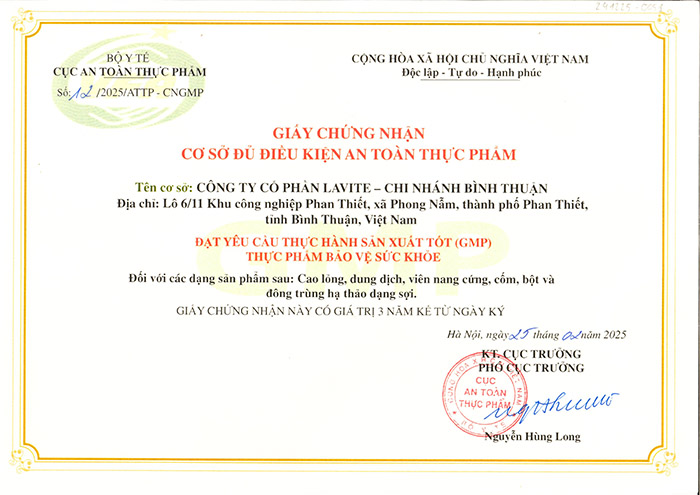 Chứng nhận Lavite đạt chuẩn GMP của Bộ Y tế cấp (Lần 1: năm 2022, Lần 2: năm 2025)